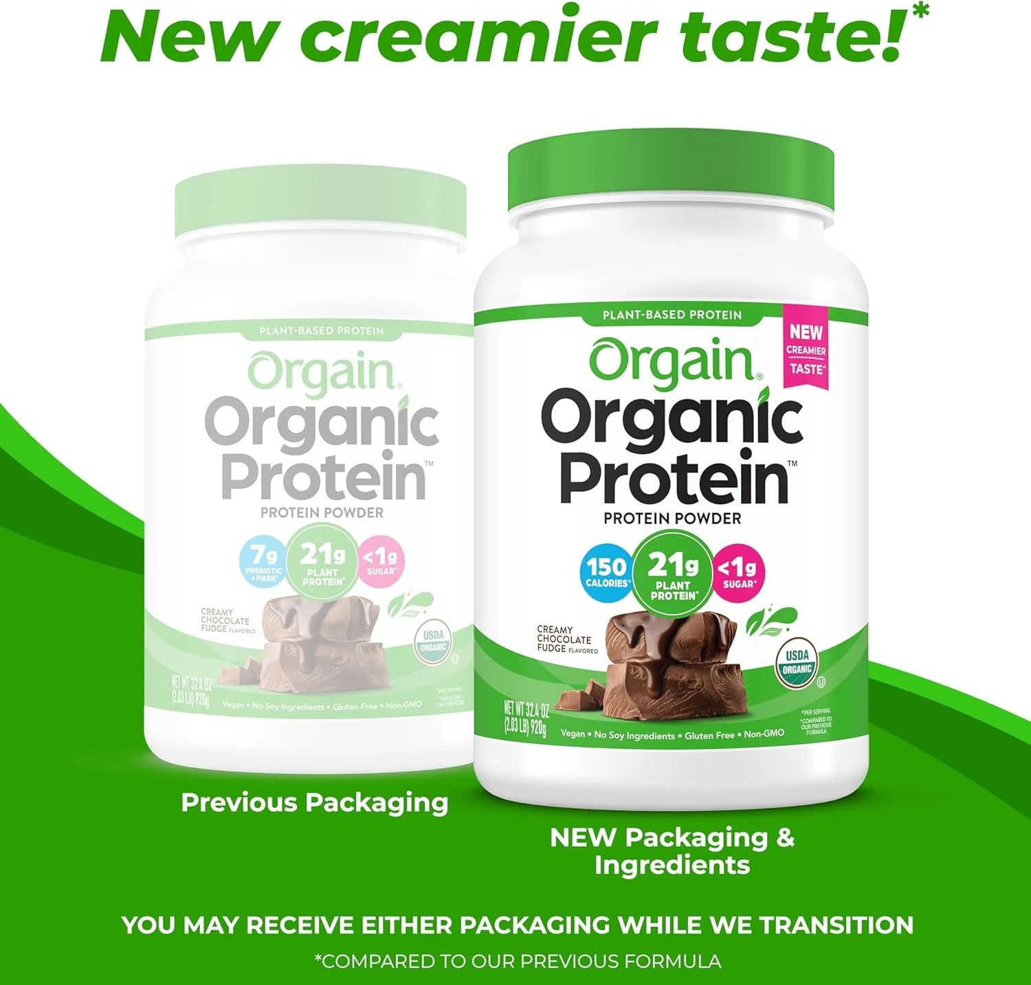 Orgain Organic Vegan Protein Powder - Creamy Chocolate Fudge, 21g Plant Protein, 6g Prebiotic Fiber, Low Net Carbs, Lactose-Free, No Added Sugar, Non-GMO, Ideal for Shakes and Smoothies, 2.03 lb