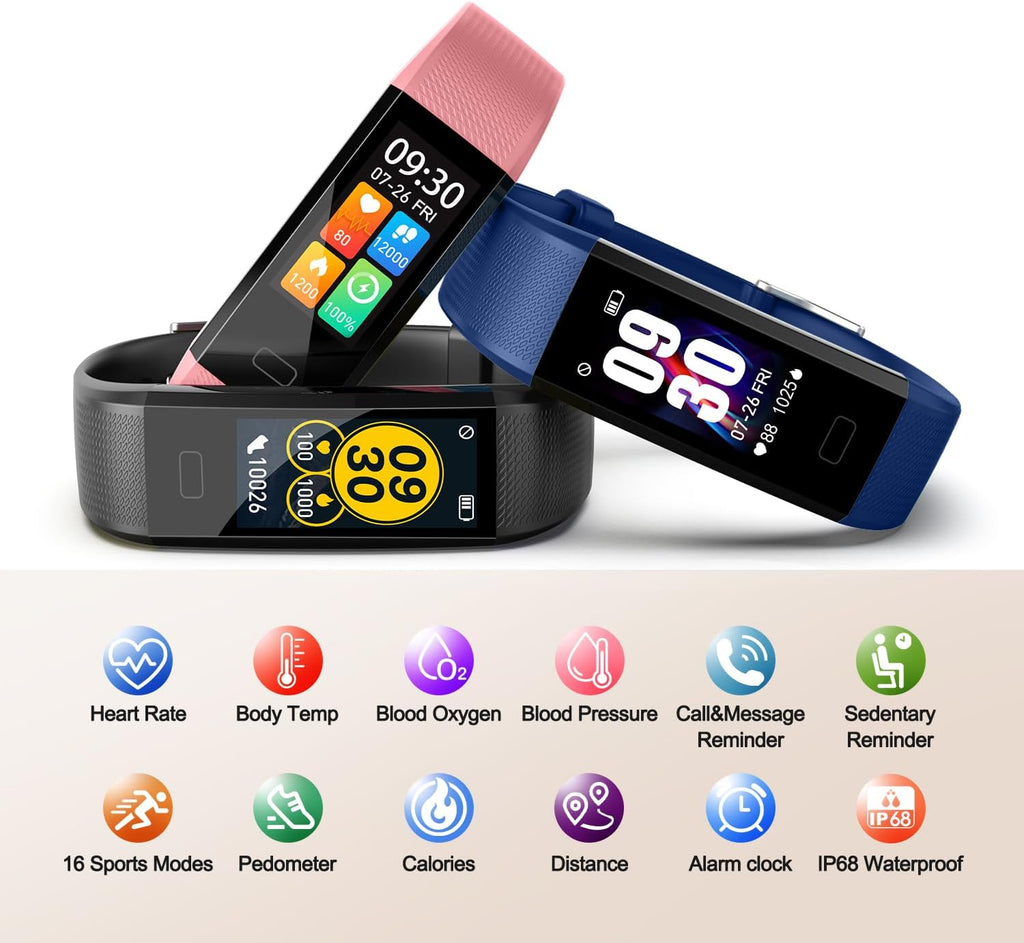 Advanced Fitness Tracker with Step, Distance, and Calorie Monitoring, Heart Rate Monitor, Slim Waterproof Design (IP68), Sleep Tracking, and Pedometer for Men and Women