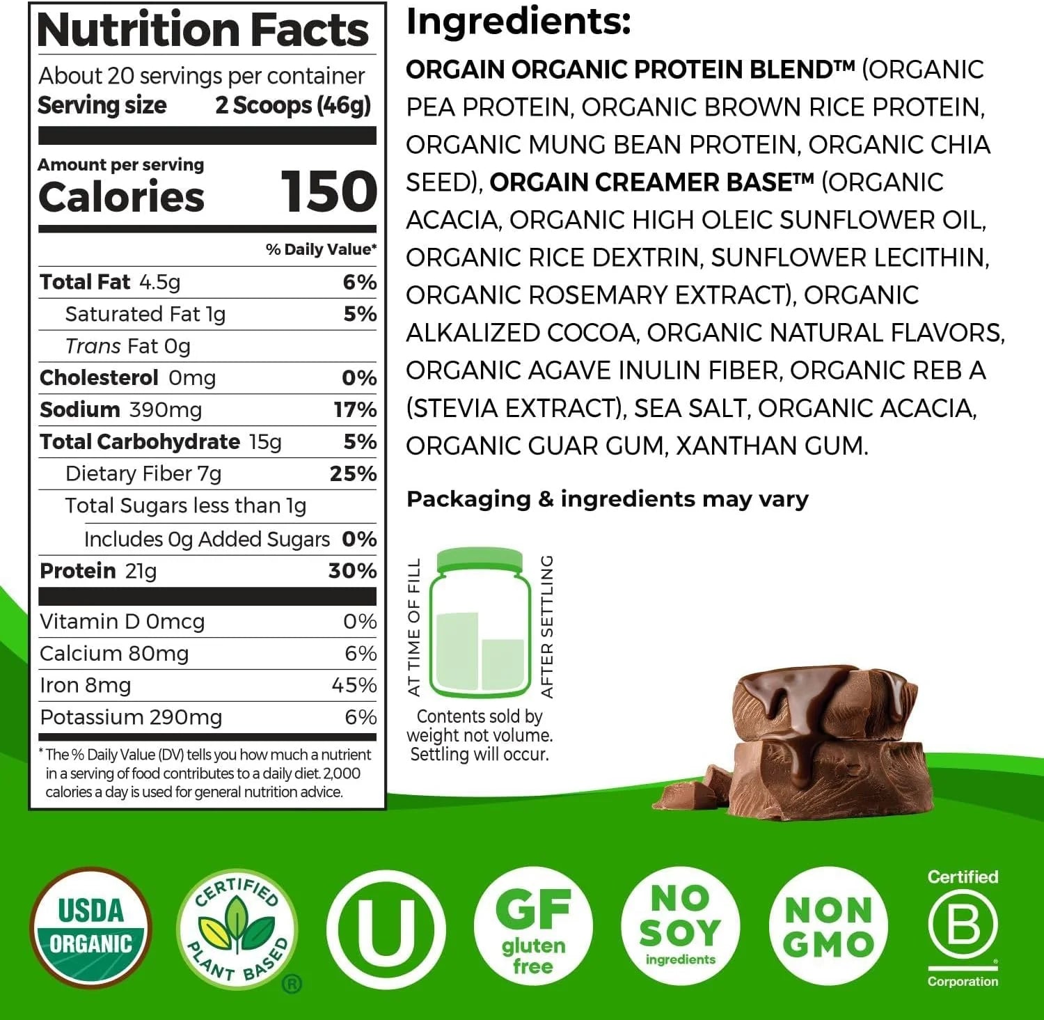 Orgain Organic Vegan Protein Powder - Creamy Chocolate Fudge, 21g Plant Protein, 6g Prebiotic Fiber, Low Net Carbs, Lactose-Free, No Added Sugar, Non-GMO, Ideal for Shakes and Smoothies, 2.03 lb