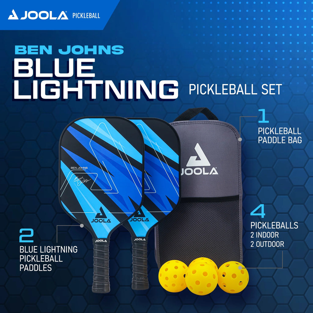 Ben Johns Blue Lightning Pickleball Set, 2 Fiberglass Paddles, Paddle Bag, 4 Balls