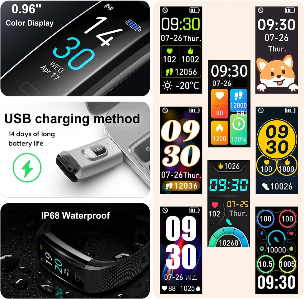 Advanced Fitness Tracker with Step, Distance, and Calorie Monitoring, Heart Rate Monitor, Slim Waterproof Design (IP68), Sleep Tracking, and Pedometer for Men and Women