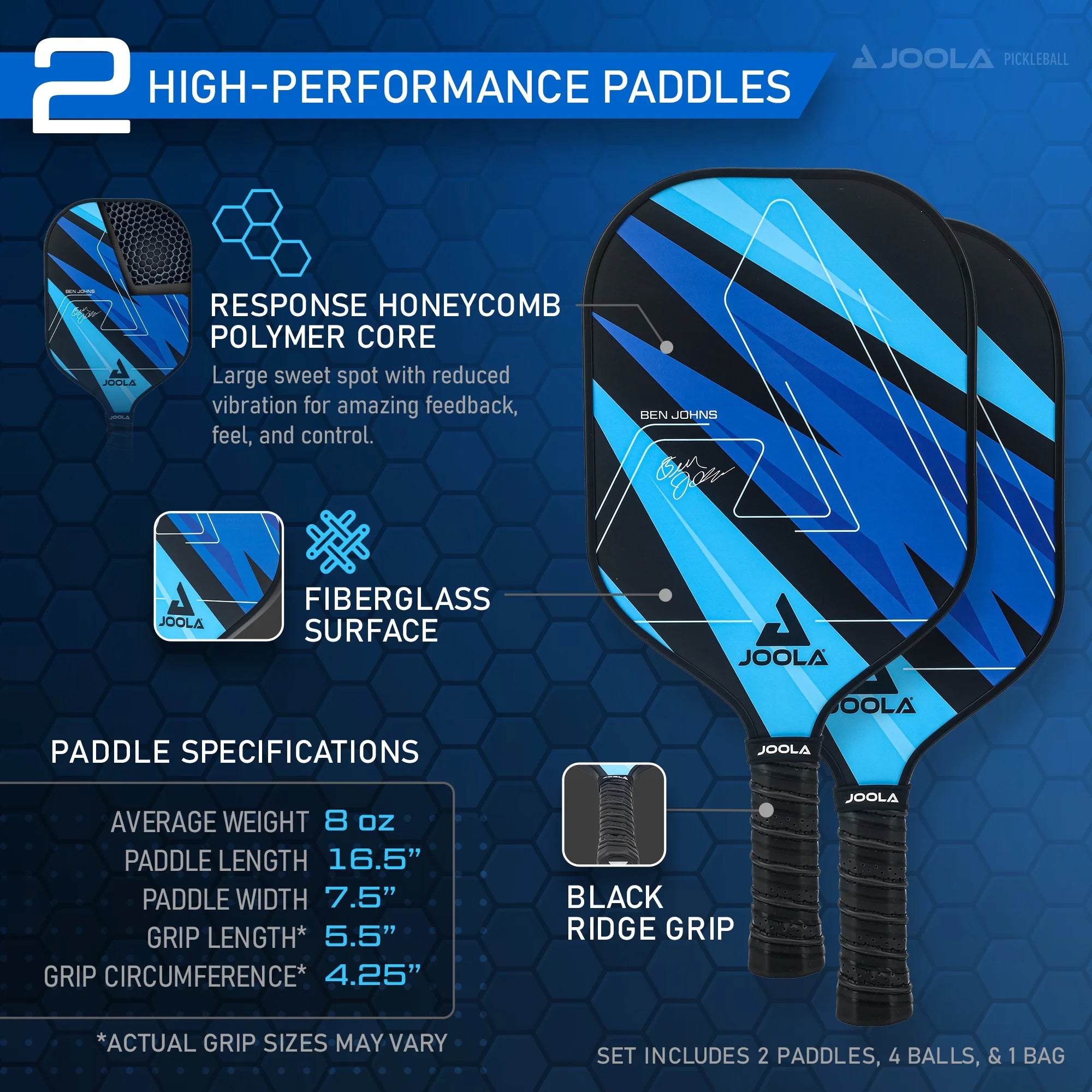 Ben Johns Blue Lightning Pickleball Set, 2 Fiberglass Paddles, Paddle Bag, 4 Balls