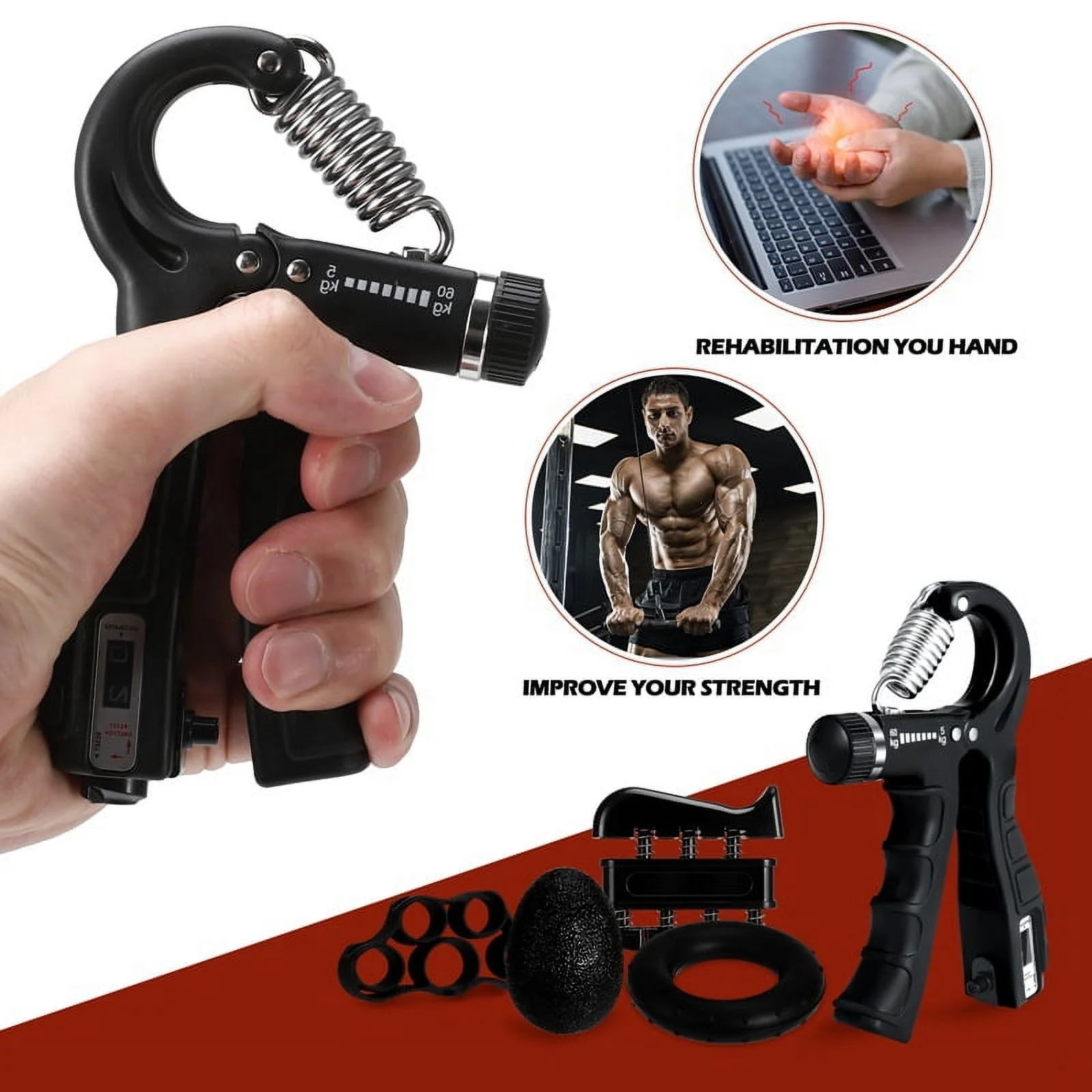 6-Pack Grip Strength Training Kit with Counter, Adjustable Resistance (10 to 132 lbs), Hand Gripper, Hand Extension Exerciser, and Forearm Workout Ring for Muscle Development and Rehabilitation